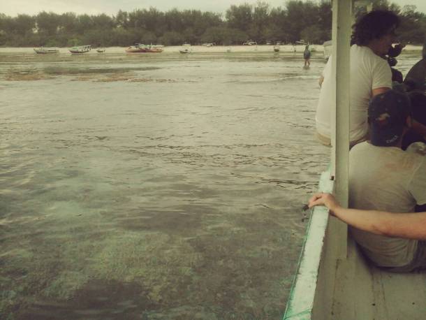 Wisatawan memperhatikan karang-karang di dasar laut.
